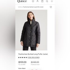 Quince Featherless Quilted Long Puffer Jacket Black Patch Pockets Size XL